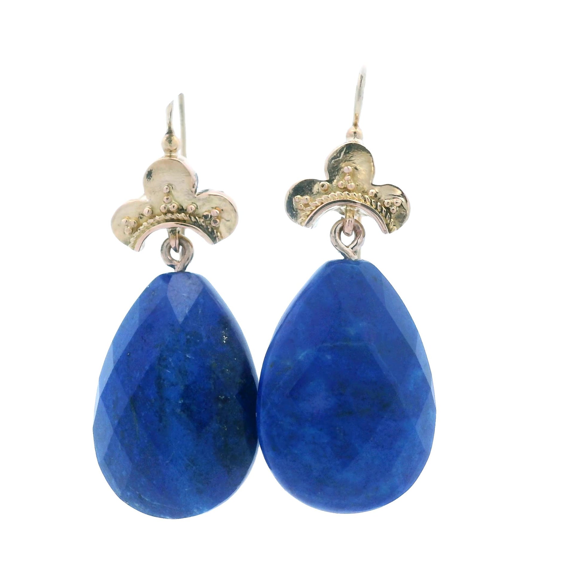 1880 Etruscan 18k Yellow Gold Lapis Lazuli Drop Earrings