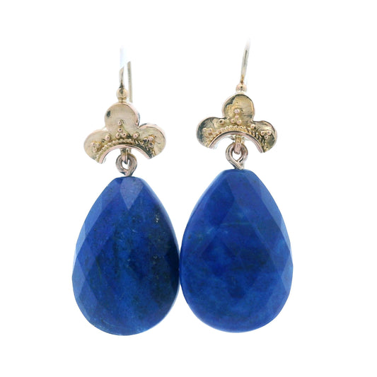 1880 Etruscan 18k Yellow Gold Lapis Lazuli Drop Earrings