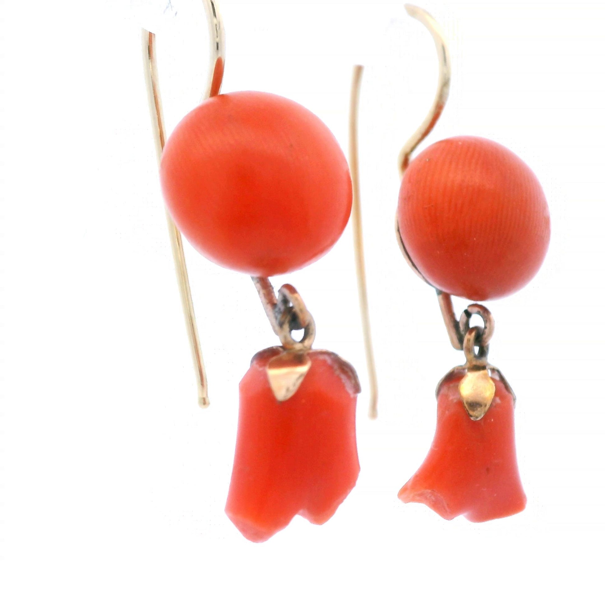 1890 Victorian 14k Yellow Gold Natural Coral Floral Earrings