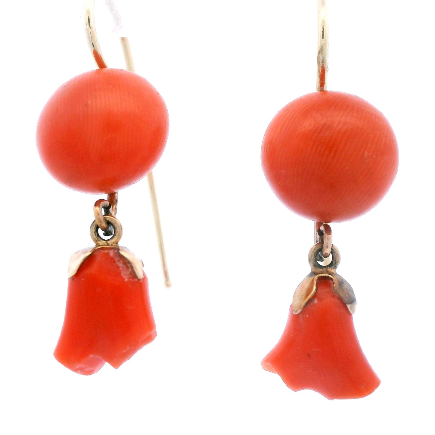 1890 Victorian 14k Yellow Gold Natural Coral Floral Earrings