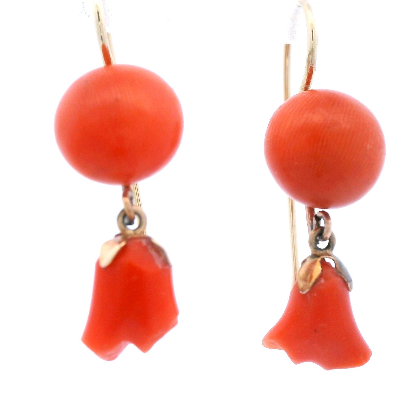 1890 Victorian 14k Yellow Gold Natural Coral Floral Earrings