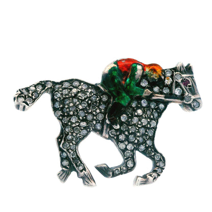 Victorian Diamond Horse w/ Enameled Jockey Pin Sterling Silver Over Gold