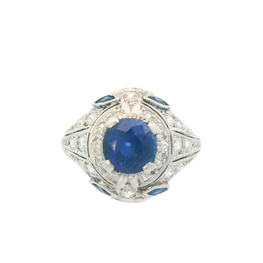 1915 Art Deco Platinum Diamond and Sapphire Ring