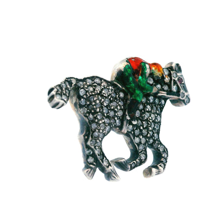 Victorian Diamond Horse w/ Enameled Jockey Pin Sterling Silver Over Gold