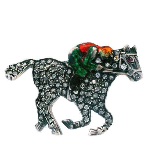 Victorian Diamond Horse w/ Enameled Jockey Pin Sterling Silver Over Gold