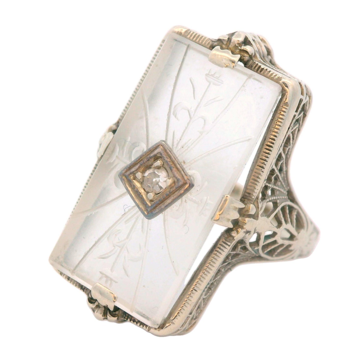 1920s Hand Carved Rock Crystal & Diamond 14k White Gold Filigree Ring