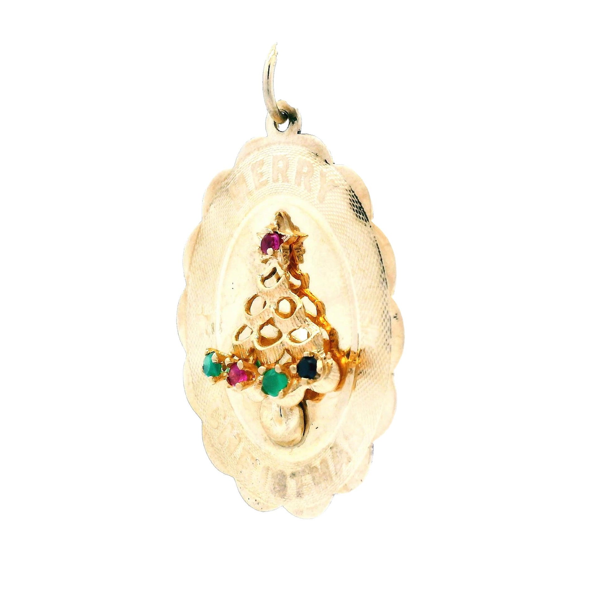 14k Yellow Gold 1960s Mid Century Merry Christmas Tree Pendant w/ Ruby & Emerald