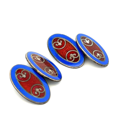 Krementz Art Deco Sterling Silver Brown and Blue Enameled Cufflinks