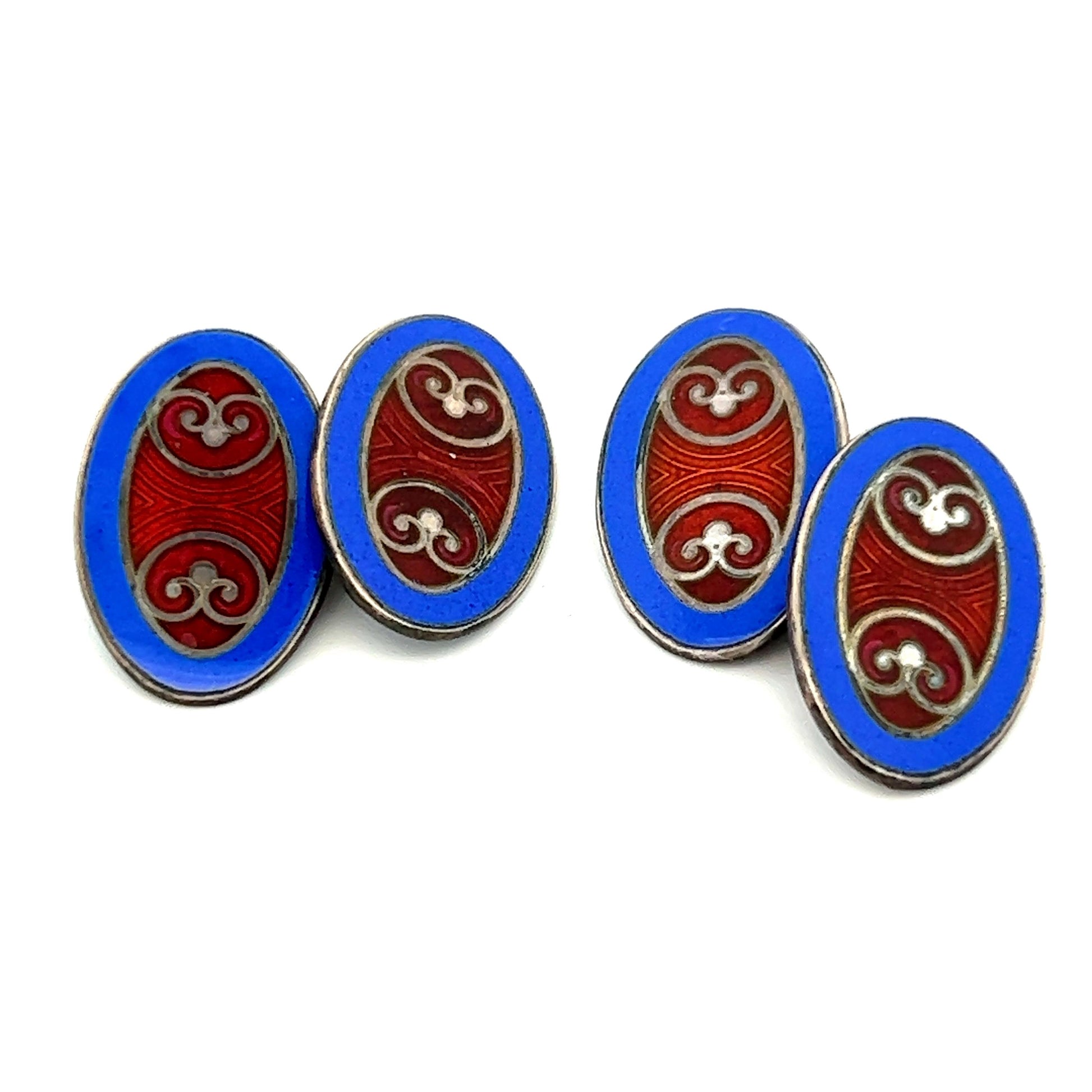 Krementz Art Deco Sterling Silver Brown and Blue Enameled Cufflinks