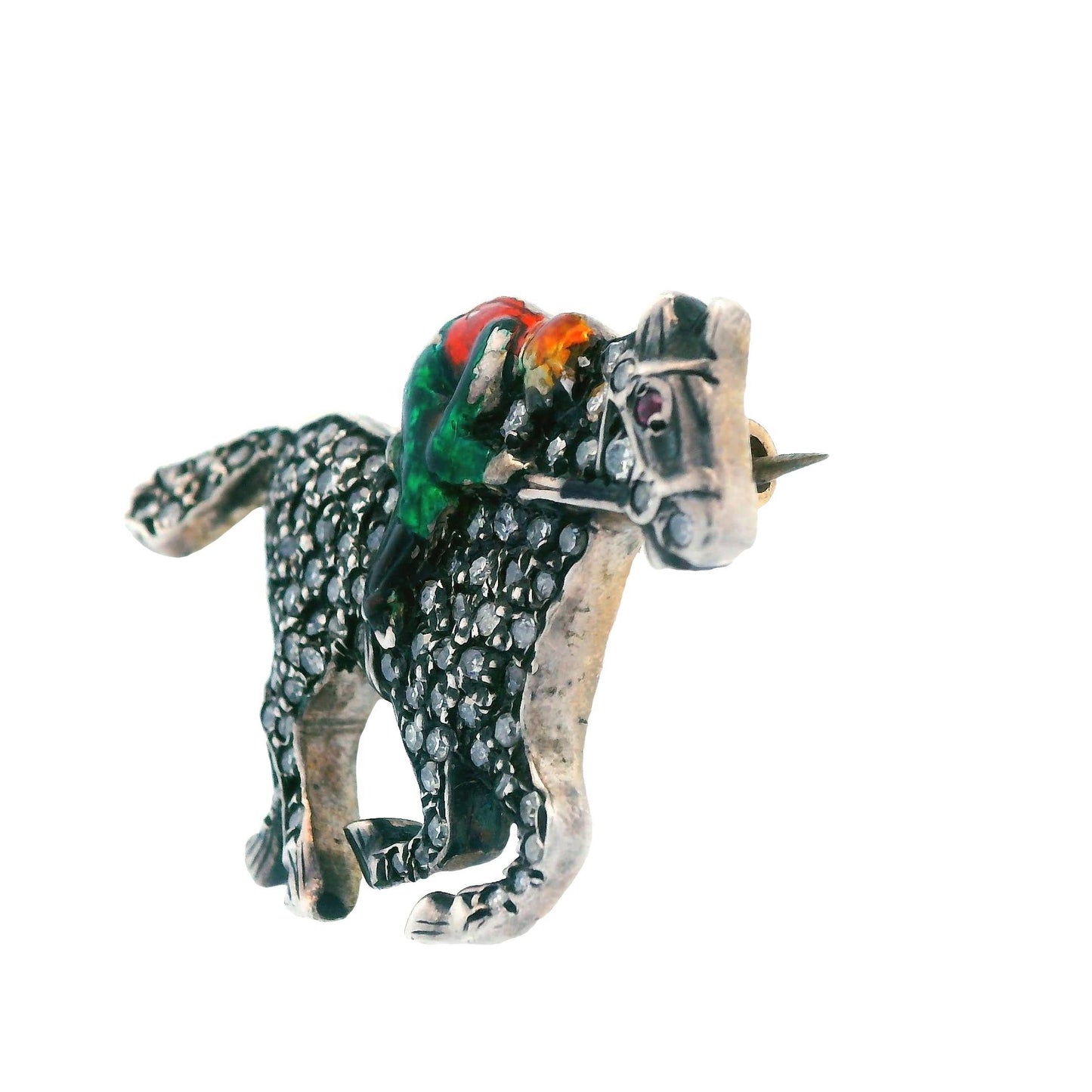 Victorian Diamond Horse w/ Enameled Jockey Pin Sterling Silver Over Gold