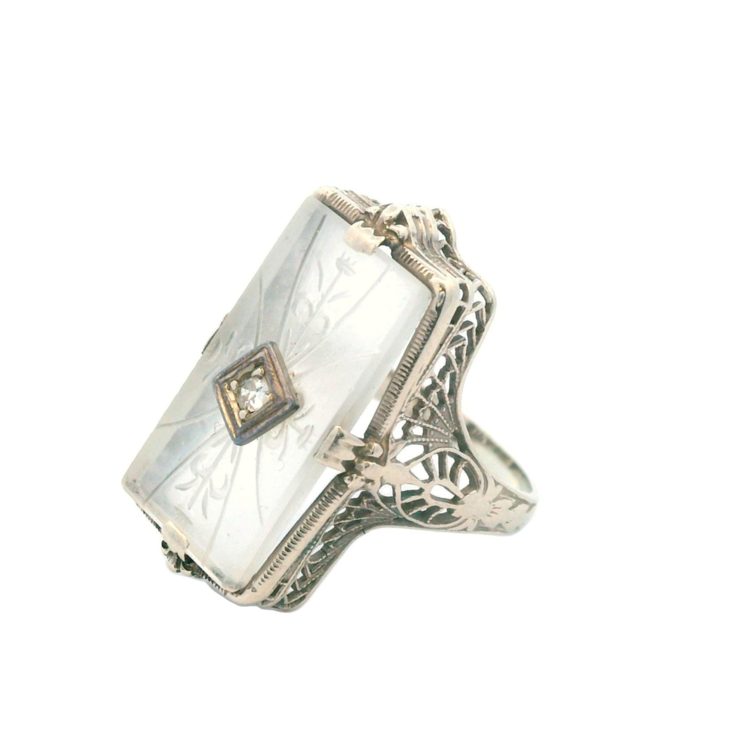 1920s Hand Carved Rock Crystal & Diamond 14k White Gold Filigree Ring