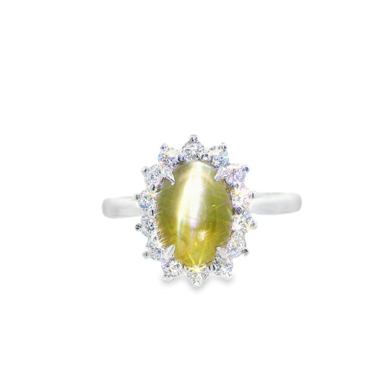 Diamond and 2+ carat Cats Eye Chrysol Beryl Platinum Ring