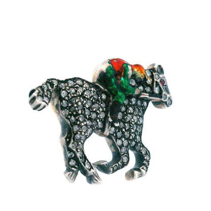 Victorian Diamond Horse w/ Enameled Jockey Pin Sterling Silver Over Gold