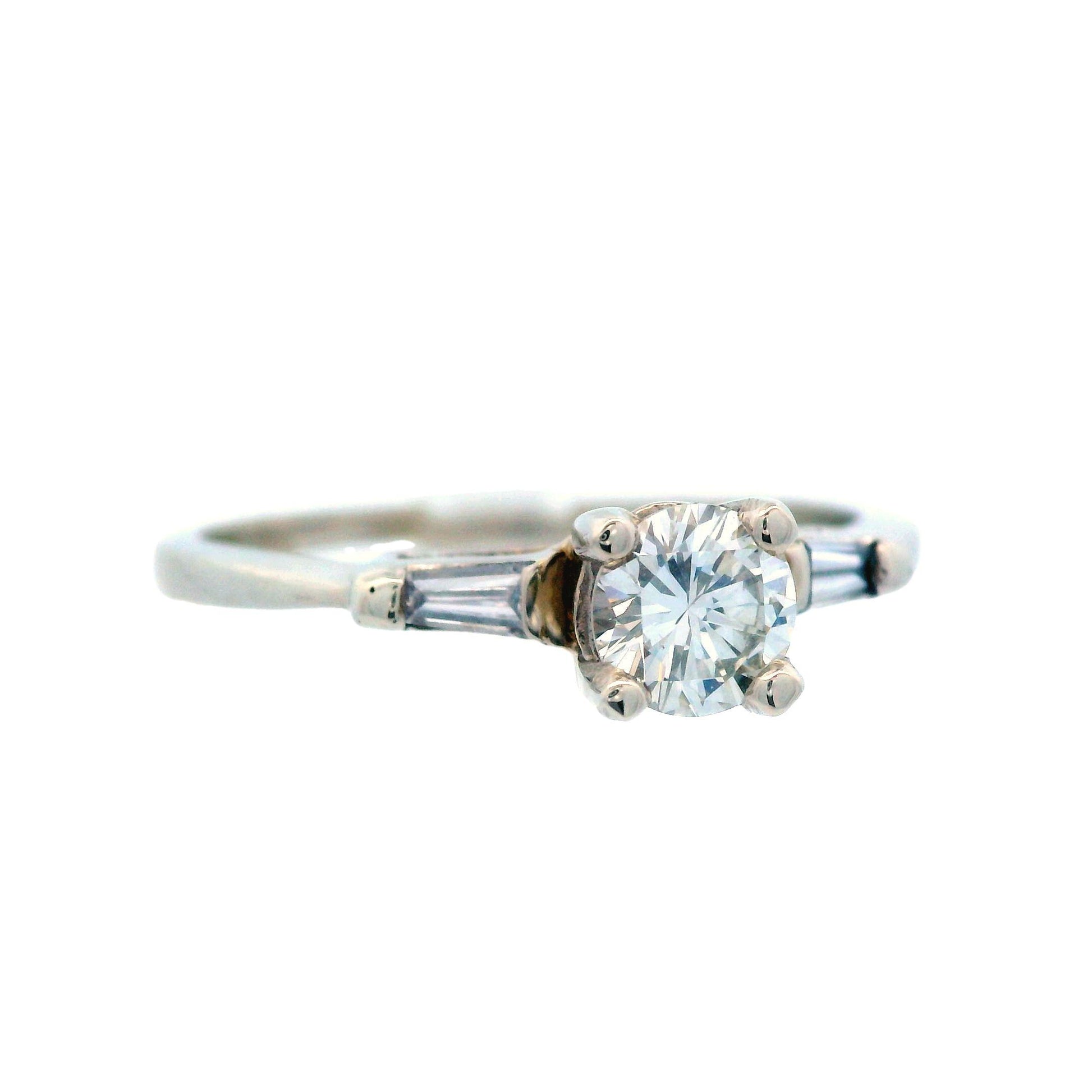 Retro 1960s 14k White Gold Baguette and Round Diamond Ring