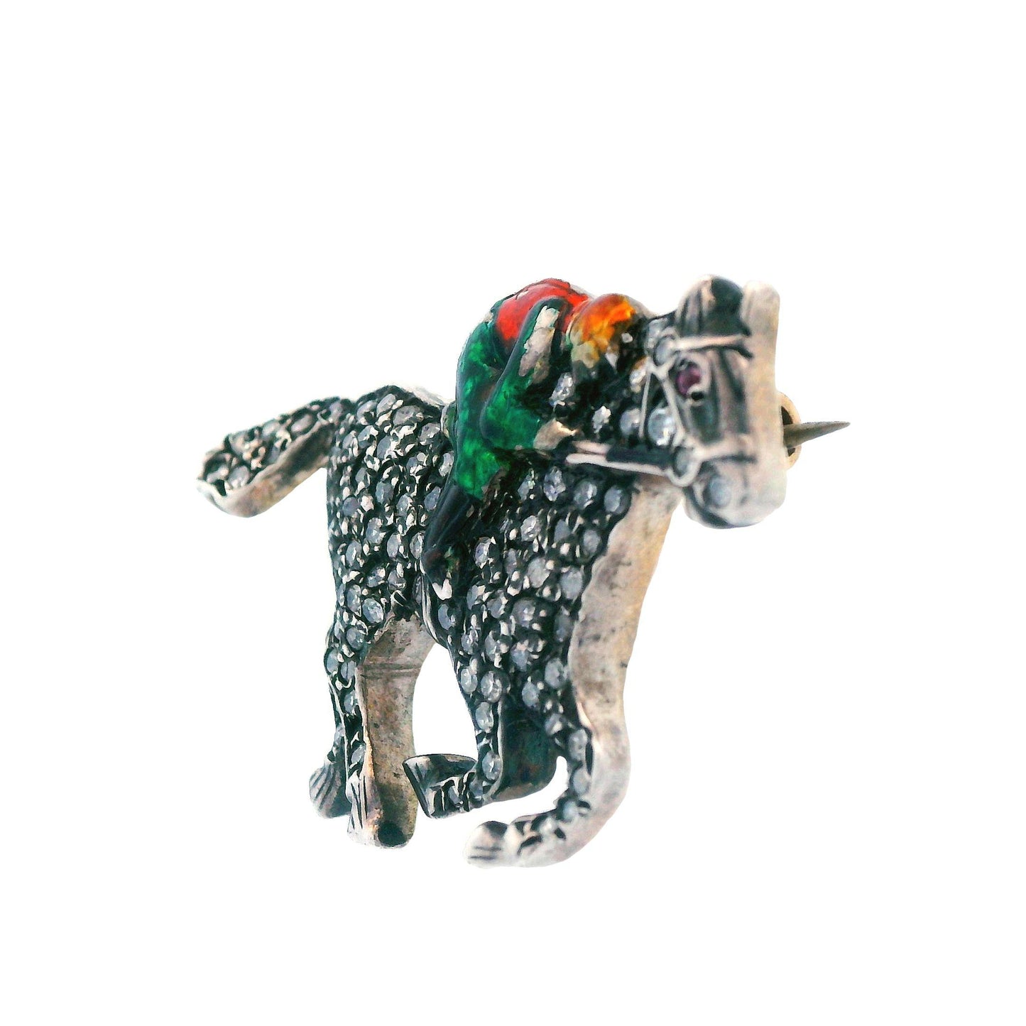 Victorian Diamond Horse w/ Enameled Jockey Pin Sterling Silver Over Gold