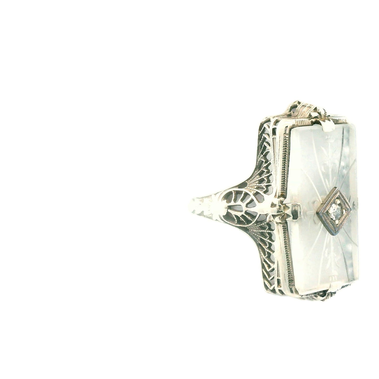 1920s Hand Carved Rock Crystal & Diamond 14k White Gold Filigree Ring