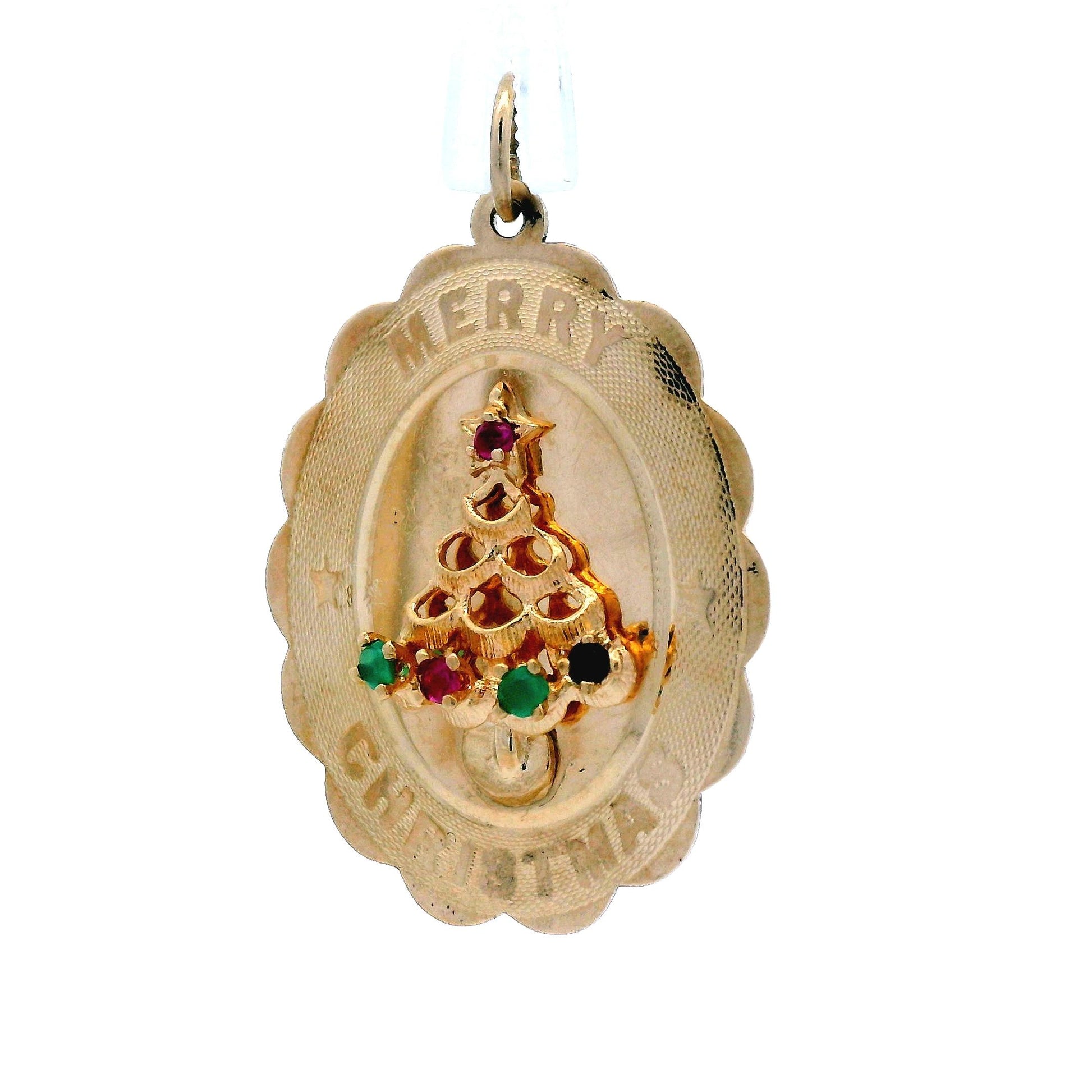 14k Yellow Gold 1960s Mid Century Merry Christmas Tree Pendant w/ Ruby & Emerald