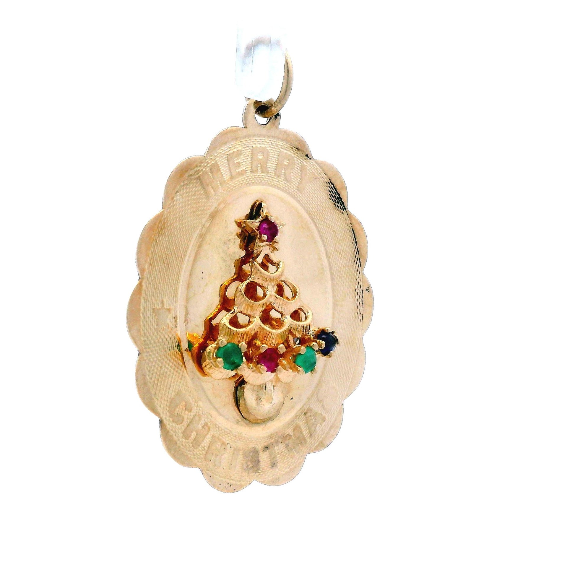 14k Yellow Gold 1960s Mid Century Merry Christmas Tree Pendant w/ Ruby & Emerald