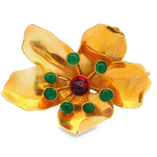 Mic Neugel MCM 18k Yellow Gold Tourmaline and Emerald Flower Brooch