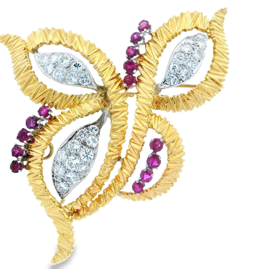 Contemporary 18k Yellow and White Gold Butterfly Pin/Pendant w/Ruby & Diamond