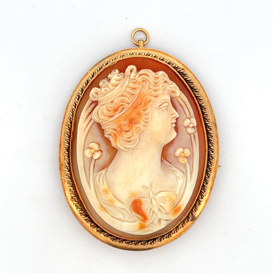 1925 Art Deco 14k Yellow Gold Hand Carved 3 Color Shell Cameo Pin/Pendant