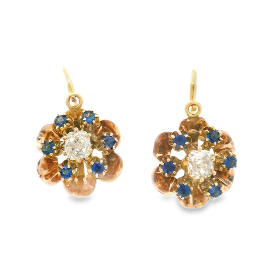 1890 Victorian 14k Rose Gold Diamond/Sapphire Flower Drop Earrings