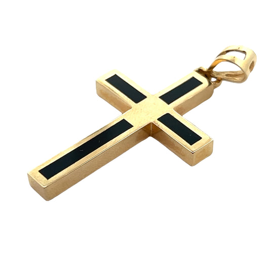 Contemporary 14k Yellow Gold Cross Pendant with Inlaid Black Onyx