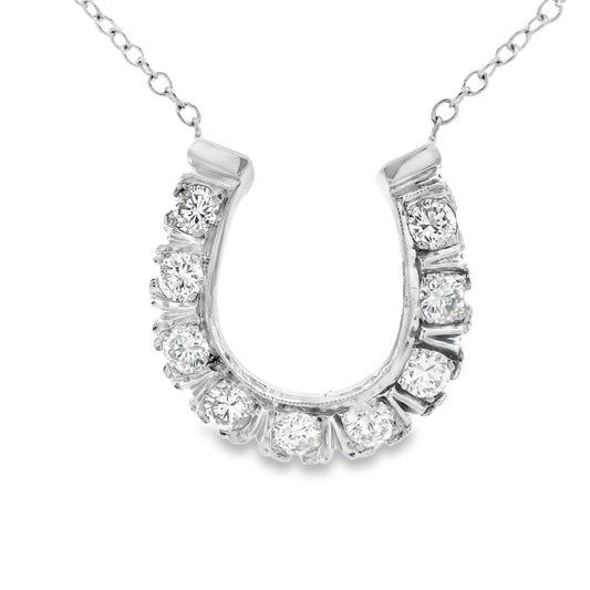 1980s 14k White Gold and Diamond Horseshoe Necklace w/ Appraisal