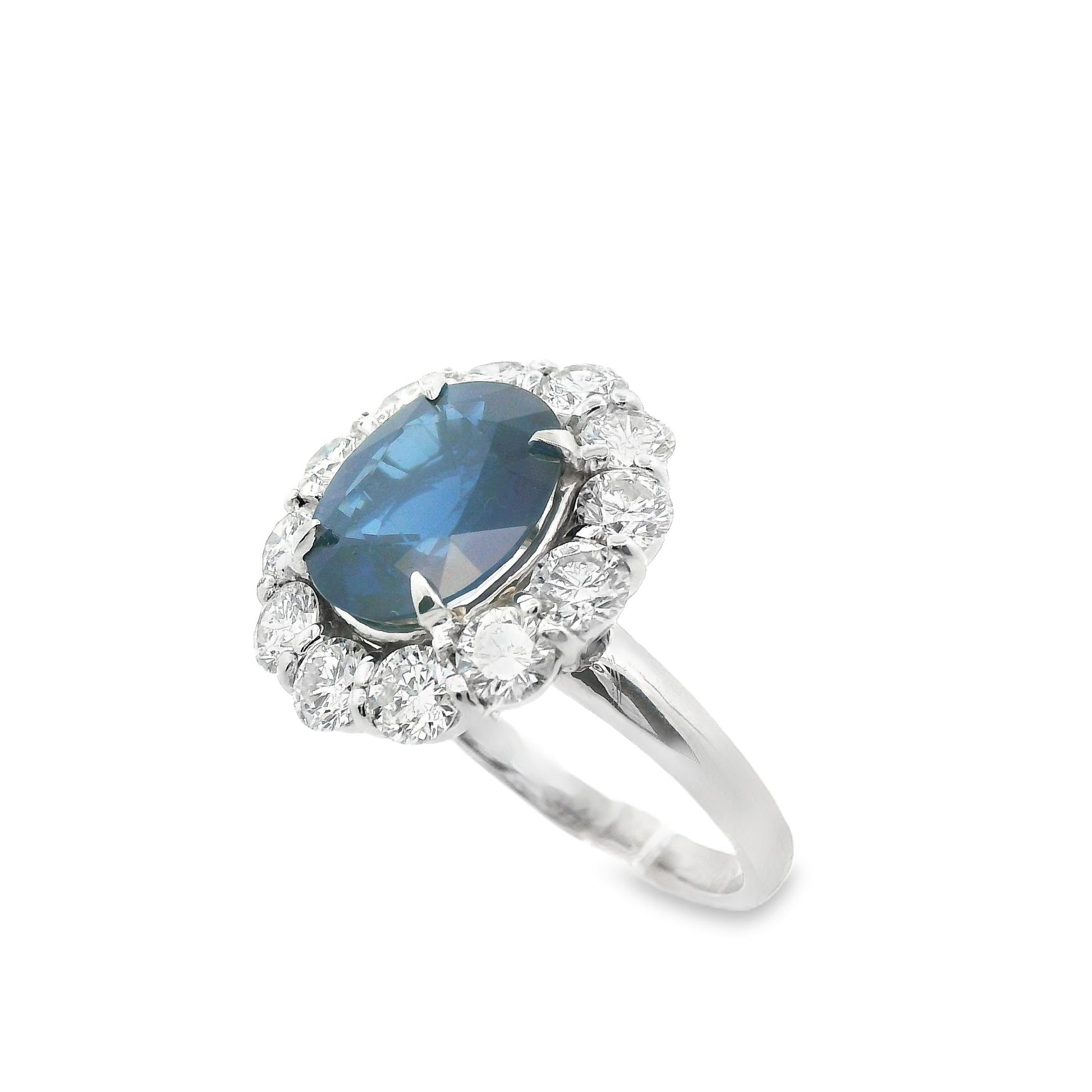 14K White Gold Contemporary Lady Di Ring Blue Sapphire and Diamond