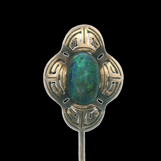 Art Deco Natural Black Opal Stick Pin 14K Yellow Gold