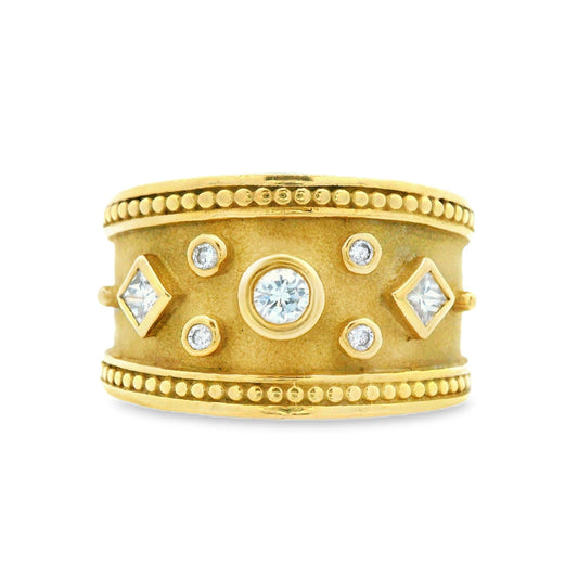 Contemporary 18k Yellow Cigar Band Wide Cut Diamond Ring