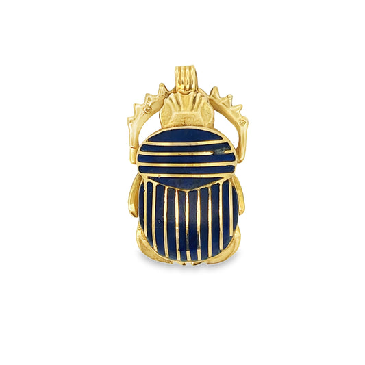 Egyptian 18k Yellow Gold Scarab Beatle Pendant w/ Inlaid Lapis