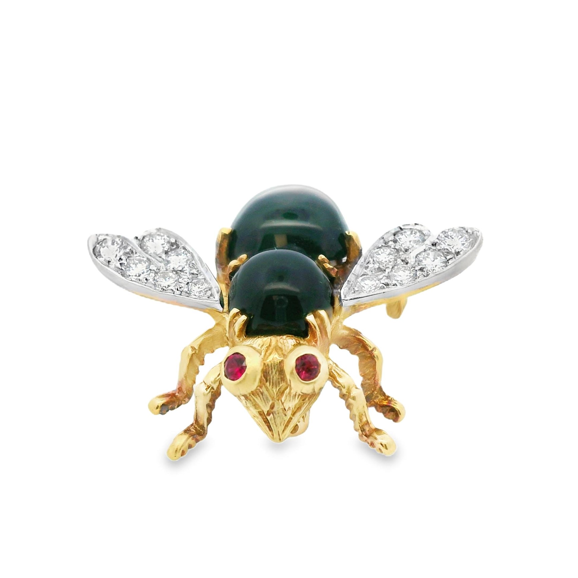 Herbert Rosenthal 1Ct Diamond 18k White + Yellow Two Tone Onyx and Ruby Bee Pin