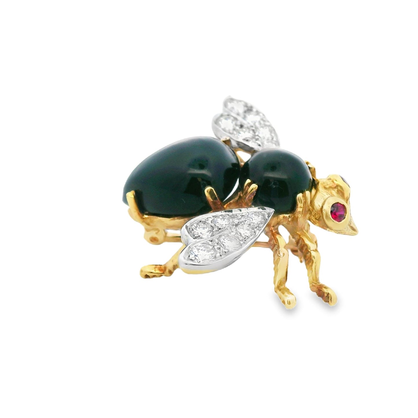 Herbert Rosenthal 1Ct Diamond 18k White + Yellow Two Tone Onyx and Ruby Bee Pin