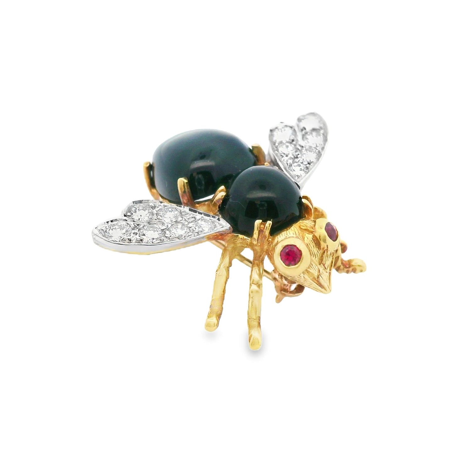 Herbert Rosenthal 1Ct Diamond 18k White + Yellow Two Tone Onyx and Ruby Bee Pin