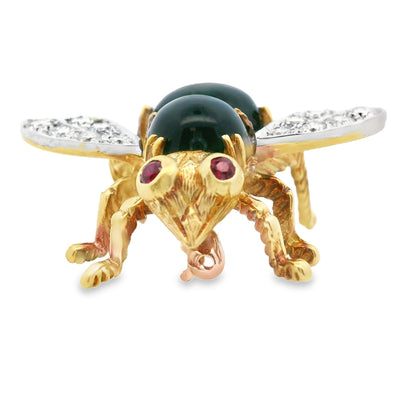 Herbert Rosenthal 1Ct Diamond 18k White + Yellow Two Tone Onyx and Ruby Bee Pin