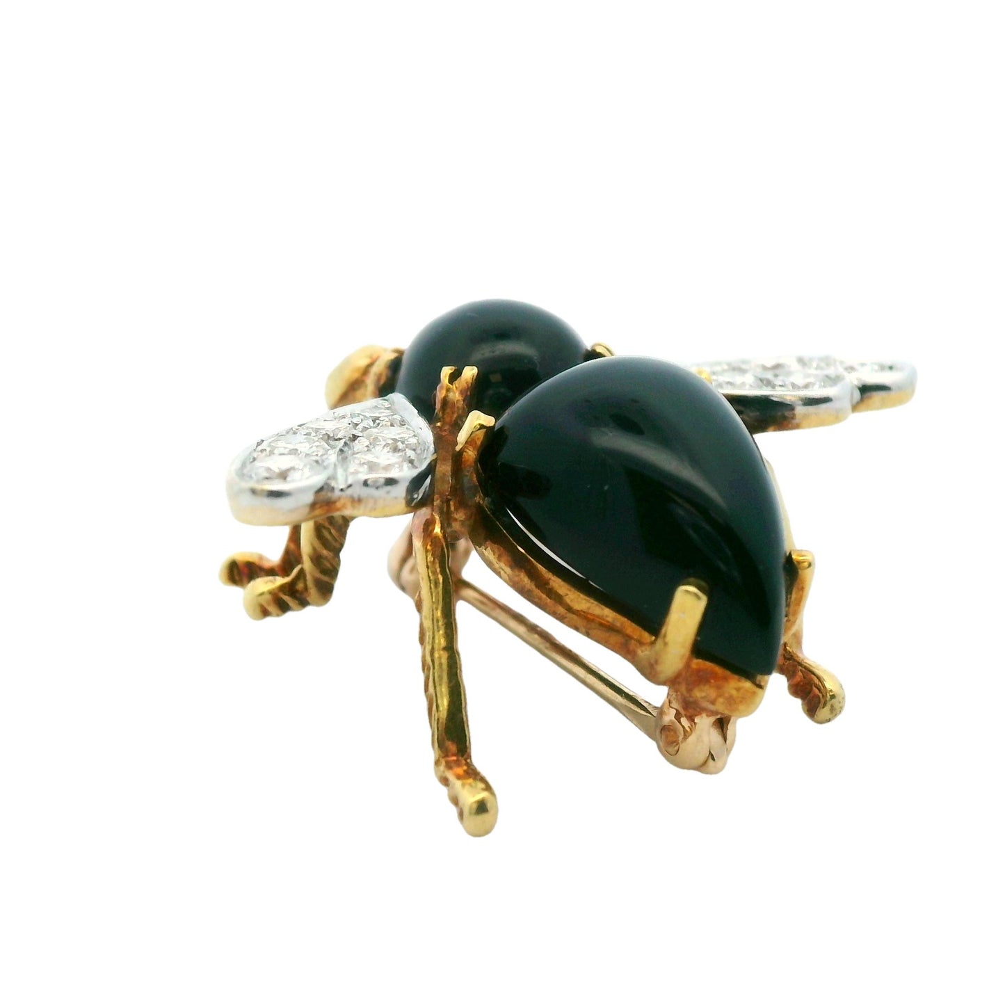 Herbert Rosenthal 1Ct Diamond 18k White + Yellow Two Tone Onyx and Ruby Bee Pin