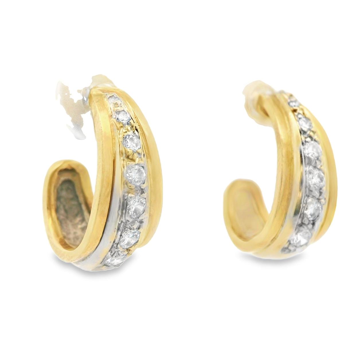 18k Two Tone Gold and Diamond Tapered Huggie Earrings