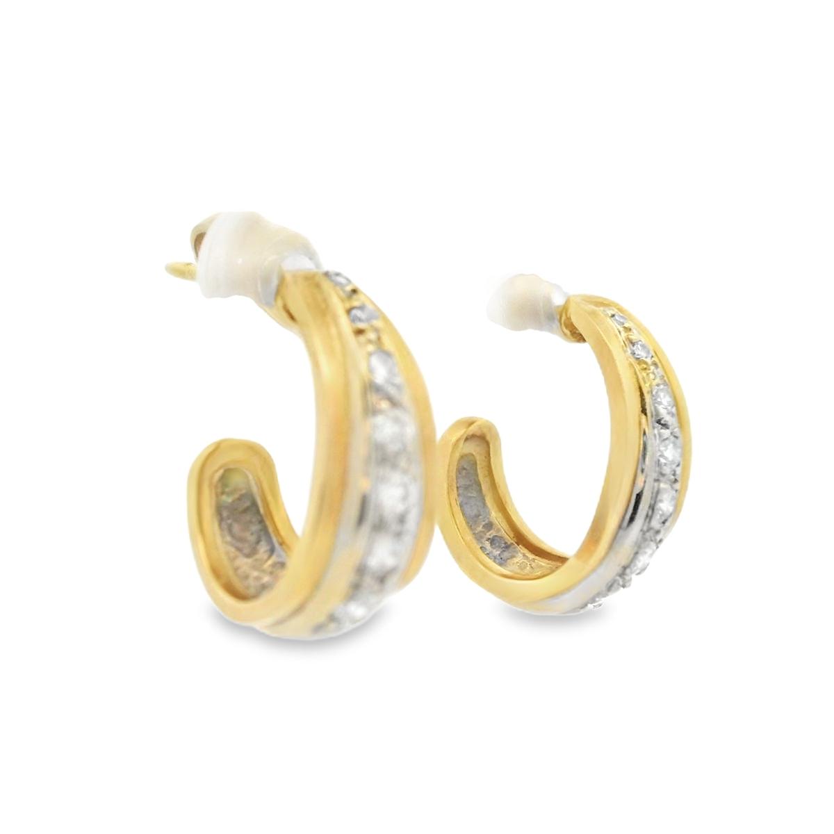 18k Two Tone Gold and Diamond Tapered Huggie Earrings