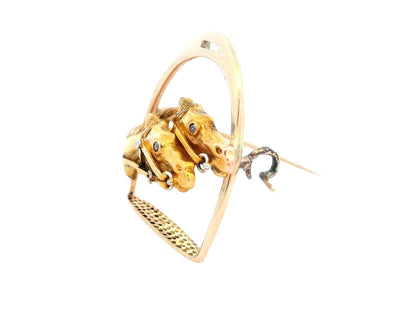 Late Victorian 14k Yellow Gold and Diamond Horse + Stirrup Pin