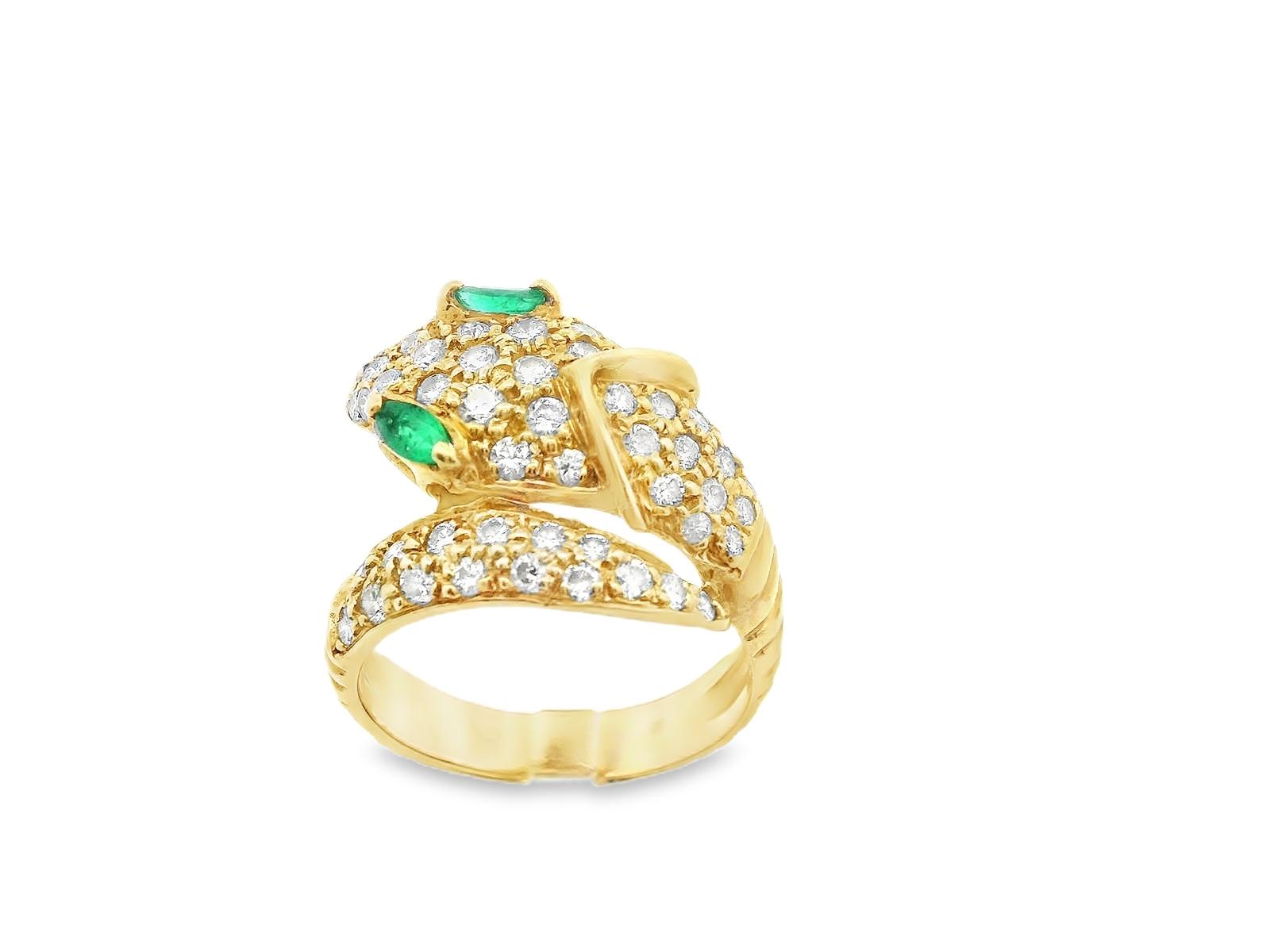 18K Yellow Gold Diamond and Emerald Snake Ring