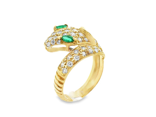 18K Yellow Gold Diamond and Emerald Snake Ring