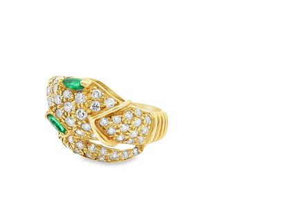 18K Yellow Gold Diamond and Emerald Snake Ring