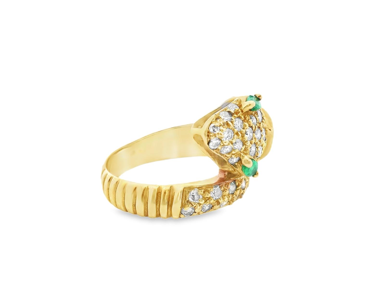 18K Yellow Gold Diamond and Emerald Snake Ring