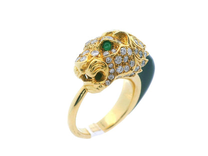 1950s French 18K Yellow Gold Diamond & Black Jade Panther Ring