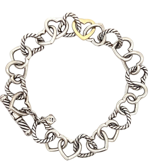 .925 Sterling Silver 750 18K Gold David Yurman Heart Toggle Bracelet 7.5"