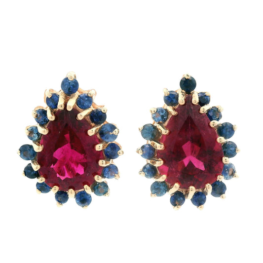 1980s 14K Yellow Gold Natural Reddish Pink Tourmaline and Blue Sapphire Earrings