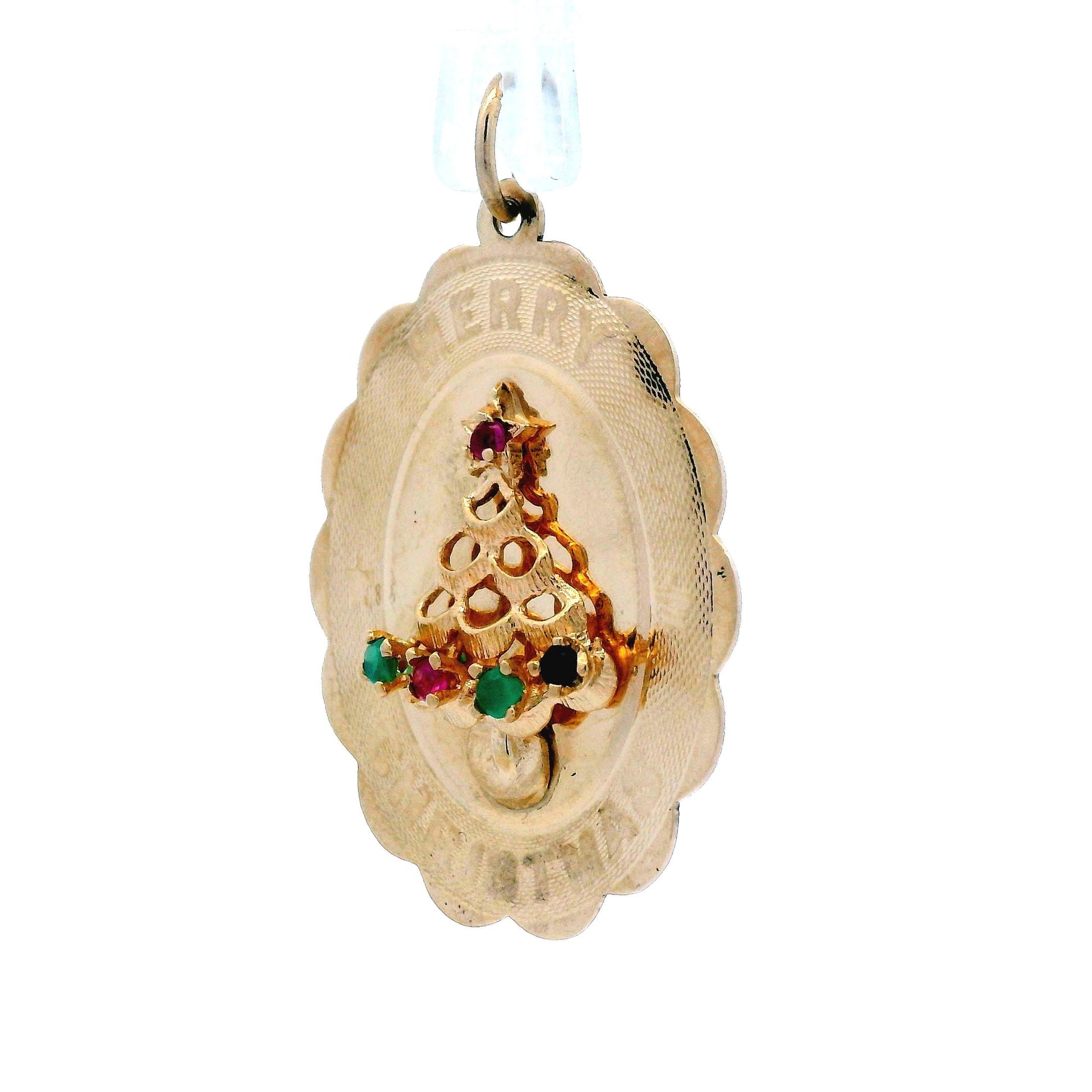 14k Yellow Gold 1960s Mid Century Merry Christmas Tree Pendant w/ Ruby & Emerald