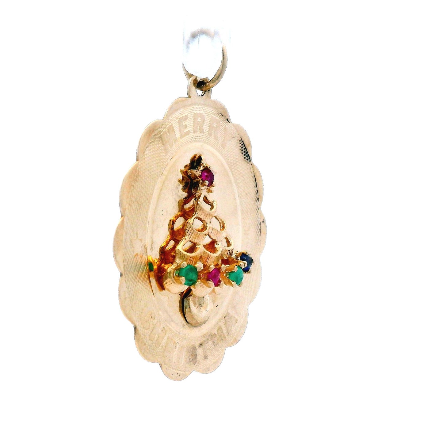 14k Yellow Gold 1960s Mid Century Merry Christmas Tree Pendant w/ Ruby & Emerald