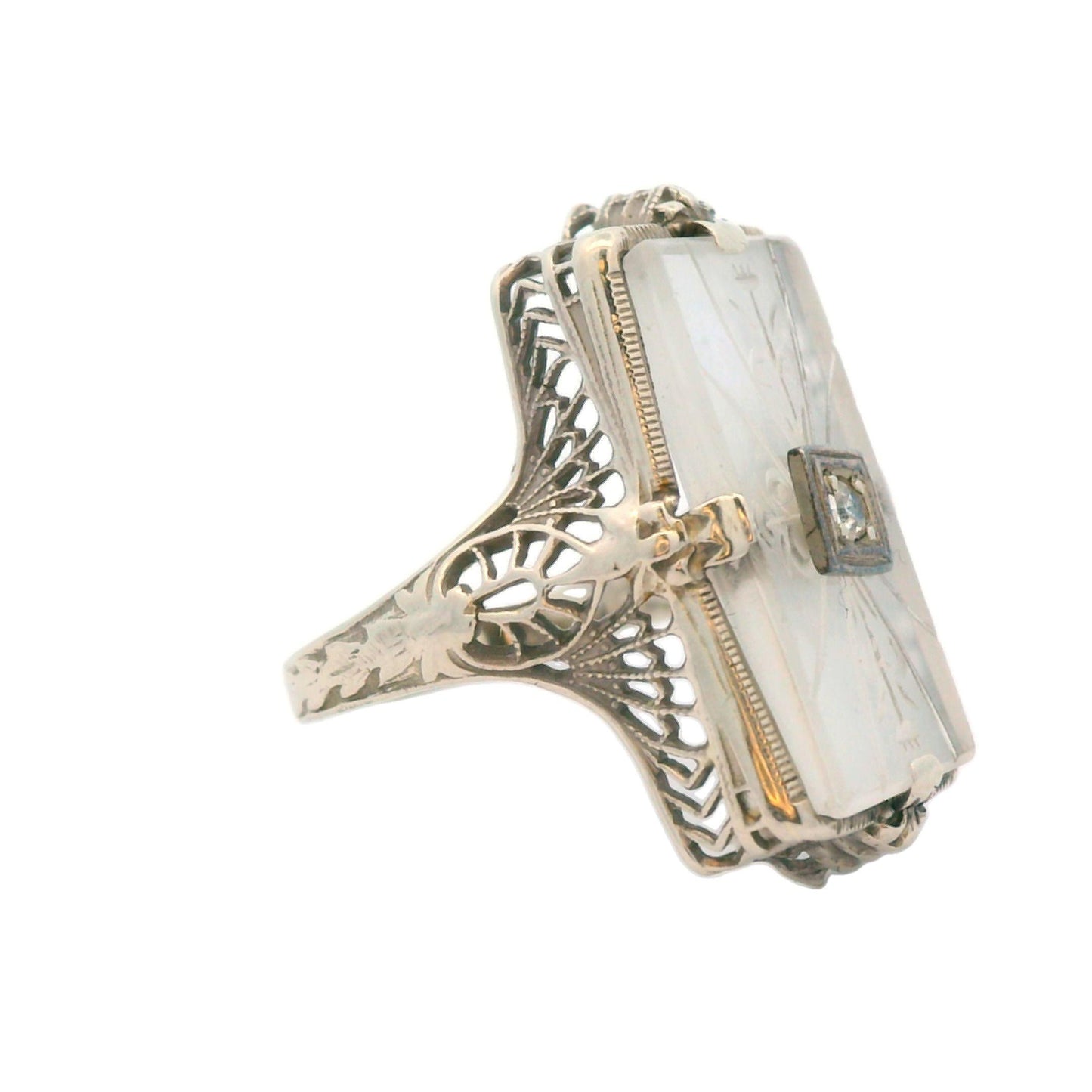 1920s Hand Carved Rock Crystal & Diamond 14k White Gold Filigree Ring